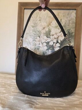 kate spade Black Pebbled Leather Shoulder Hobo Bag with Gold Hardware